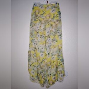 L Love Women's Yellow Floral Print Elastic Waist Wide Leg Flare Mesh Pants Sz S